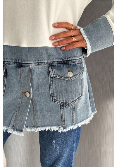 Femelle Kadın Kapüşonlu Kot Denim Detaylı Düğmeli Tasarım Sweatshirt beyaz