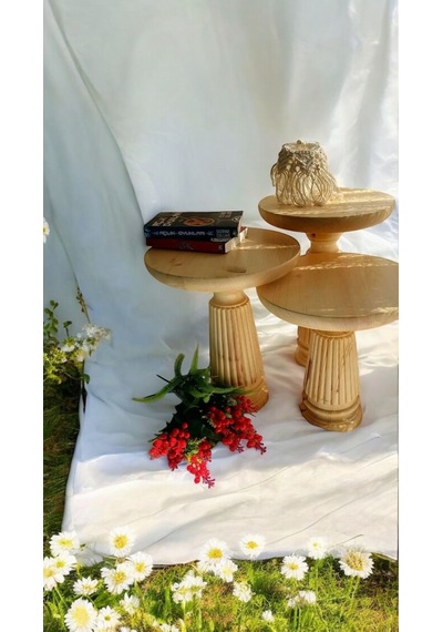 Wood Wooden 3 Lü Set Mantar Yan Sehpa Modern Naturel Renk Fiskos