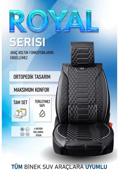 Tr Ford Kuga İle Uyumlu 2+1 Parçalı Lüx Deri Oto Koltuk Kılıfı Ön Arka Takım Royal Siyah Beyaz Genel