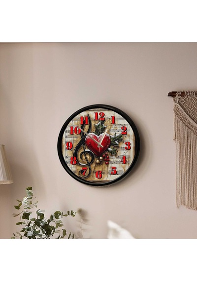 Müzik Temalı Kalp Ve Nota Desenli Dekoratif Duvar Saati - 28 Cm Çok Renkli
