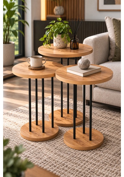 Sulorahome Çam Desenli Metal Ayaklı Yuvarlak Zigon Sehpa Takımı 3'lü
