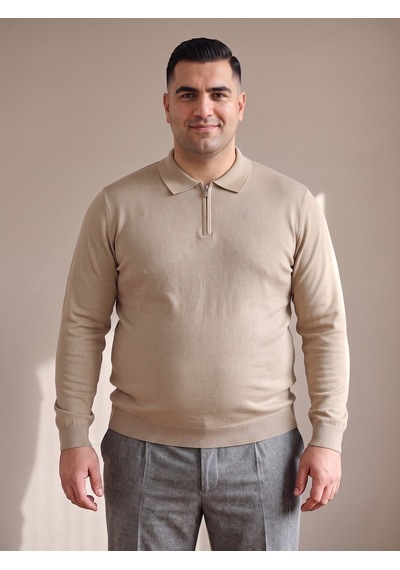 Maccali Erkek Bej Büyük Beden Düz Fermuarlı Polo Yaka Triko Kazak