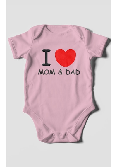 I Love Mom And Dad Baskılı Bebek Zıbını Çıtçıtlı Body %100 Pamuk Kısa Kol Koyu Pembe