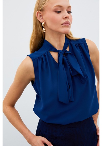 Sateen Fularlı Kolsuz Bluz - Lacivert-134893 Lacivert