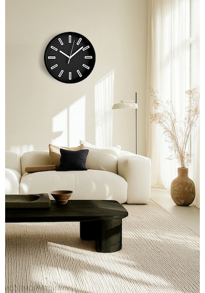Siyah Modern Duvar Saati - 30cm - Önü Camlı Siyah Kasa - Sessiz Mekanizma-jh0631 Siyah