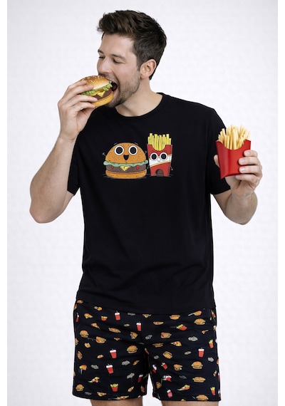 Erkek Pamuklu Baskılı Cepli Şortlu Pijama Takımı Ke77631 Siyah - Kırmızı