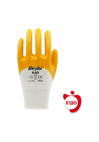 Beybi K40 Sarı Nitril Kaplı Pamuk ve Polyester Örgü İş Eldiveni 10 Beden 120 Çift