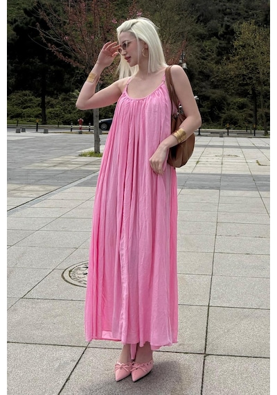 Madmext Pembe Halter Yaka Askılı Uzun Basic Kadın Elbise Mg2163 Pembe