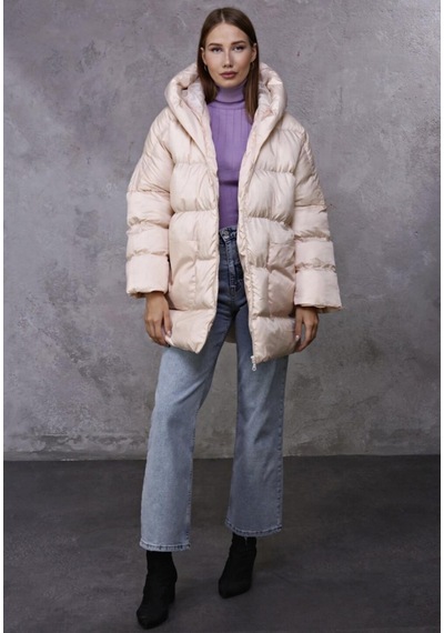 Oversize Kapşüyonlu Şişme Mont-bej Renk-412 Bej