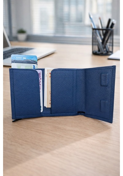 Newish Polo Mekanizmalı Rfid Özellikli Cüzdan Kredi Kartlık - Hakiki Deri Mavi