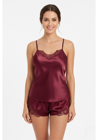 Bordo Dantel Detaylı İp Askılı Saten Şort Pijama Takım