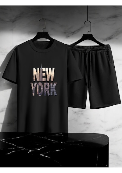 Uyguntarz Unisex New York Tasarım Basklı Tshirt Şort Takımı Siyah