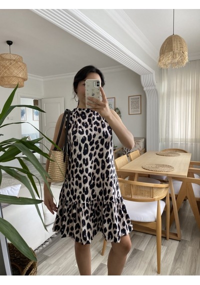 Etiler Collection Kadın Kolsuz Sırttan Bağlamalı Fırfırlı Leopar Desenli Süprem Elbise Leopar