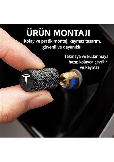 E-garaj Tesla Model Y Juniper İle Uyumlu Alüminyum Sibop Kapak Seti Siyah Renk 4 Adet