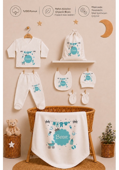 Pia Baby İsimli Erkek Bebek %100 Pamuk Zıbın Set Yastık Kılıfı Battaniyeli Kıyafet Keseli 2031zybkyx Ekru