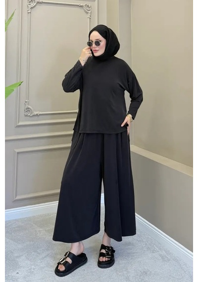 Balenbi Kadın Modal Kumaş Oversize Bol Paça Pantolon Rahat Kalıp İkili Tesettür Takım 1222 - Premium Seri Siyah Balenbi Kadın Modal Kumaş Oversize Bol Paça Pantolon Rahat Kalıp İkili Tesettür Takım 1222 - Premium Seri Siyah