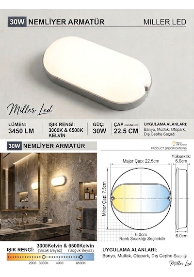 Miller Led Aurora Ledli Oval Duvar Armatürü Günışığı-3000k