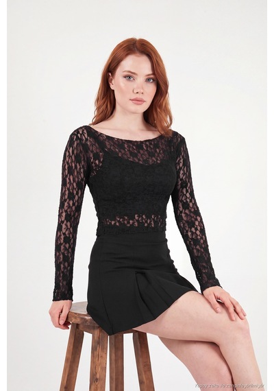 Lela Çiçek Desen Dantelli Kayık Yaka Bluz Kadın Bluz 5867118 Siyah