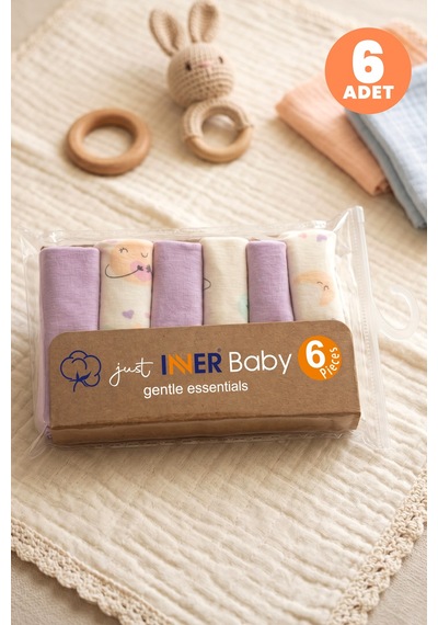 Just Inner Kız Bebek 6'lı Pamuklu Ağız Mendili Ayışığı Desenli Kutulu Set Nefes Alan Doku 684202 Lila