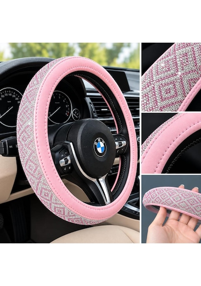 Pembe Taşlı Direksiyon Kılıfı Kadınlara Özel Pırlanta Direksiyon Kılıfı Hediyelik Çok Renkli