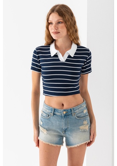 Giysa Kadın Polo Yaka Çizgili Pamuklu T-shirt Lacivert Beyaz - 25795 Lacivert - Beyaz