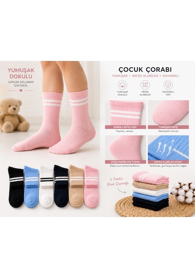 Ciho Socks Daily 6 Çift Çocuk %100 Pamuk Çizgili Tenis Okul Kolej Çorabı Pembe