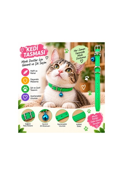 Kedi Tasması Yeşil Deri Mavi Zilli Ayarlanabilir Dikişli Kedi Boyun Tasması