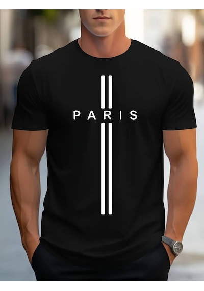 Noıssey Siyah Erkek Oversize Siyah - Beyaz Bisiklet Yaka Paris Yazı Baskılı