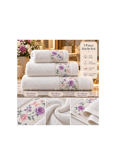 Slc Home 3lü Banyo Havlu Seti / Nakışlı Hamam Seti %100 Pamuk 3 Farklı Boy Beyaz - 939964782 Beyaz