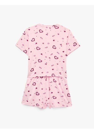 Koton Kalp Desenli Rahat Kalıp Kısa Kollu Bisiklet Yaka Şortlu Pijama Takımı Pembe Desenli 7wlk40333mk