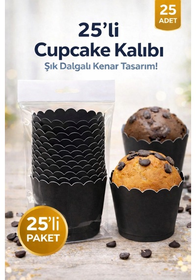 Cupcake Kalıbı & Kek Kapsülü & Muffin Kek Kalıbı & 25 Adet - Siyah Kek Kalıbı Siyah