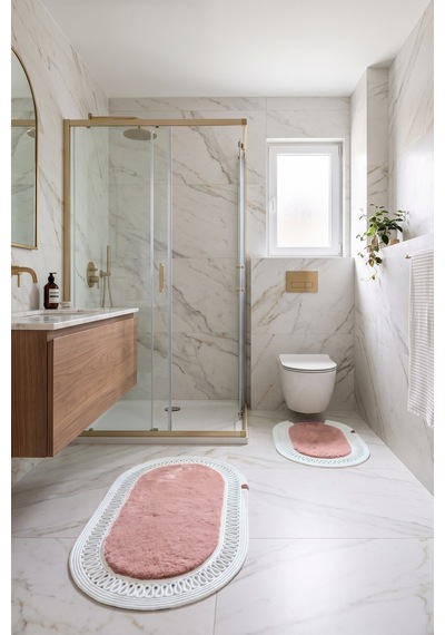 Banyo Paspası Takımı 60x100+40x60 Cm İç Trikot Pembe & Gümüş