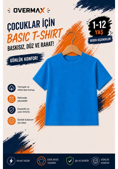 Overmax Çocuk Basic Tişört Baskısız Düz Kısa Kollu Unisex Günlük T-shirt 1-12 Yaş Mavi - 903023229 Mavi Overmax Çocuk Basic Tişört Baskısız Düz Kısa Kollu Unisex Günlük T-shirt 1-12 Yaş Mavi - 903023229 Mavi