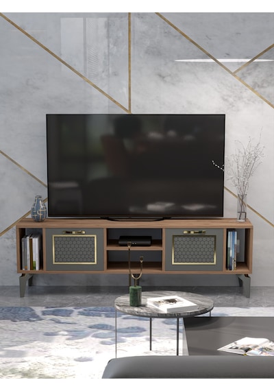 Tv Sehpası 160 Cm Modern Çok Amaçlı Dolaplı Raflı Televizyon Ünitesi Linya Gold Antrasit Ceviz Tv Sehpası 160 Cm Modern Çok Amaçlı Dolaplı Raflı Televizyon Ünitesi Linya Gold Antrasit Ceviz
