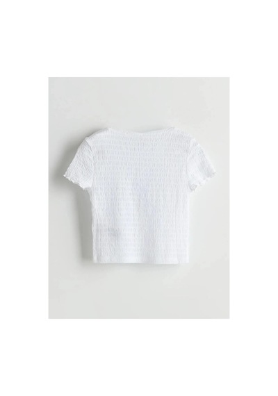 LC Waikiki Lcw Kids Beyaz Bisiklet Yaka Fiyonk Baskılı Kız Çocuk Crop Tişört Buxe Whıte