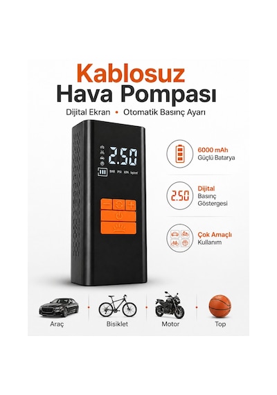 Kablosuz Hava Pompası 6000 Mah Şarjlı Dijital Ekranlı Lastik Şişirme Kompresörü Araç Bisiklet Motor Top Siyah