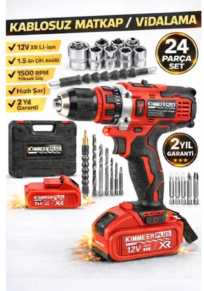 12v Metal Şanzıman Şarjlı Matkap 24 Parça Akülü Vidalama Akülü Matkap Seti Kırmızı Renk