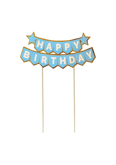 Pasta Üstü Banner Happy Birthday Mavi Altın