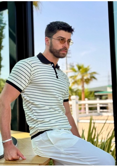Erkek Polo Yaka Tişört Siyah Yakalı Beyaz Bej - Siyah