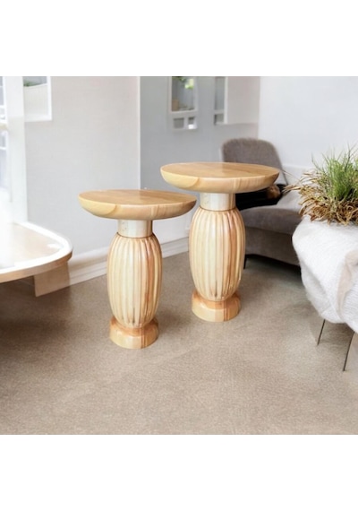 Wood Wooden Ahşap 2 Li Set Fitilli Mantar Yan Sehpa Modern Fiskos