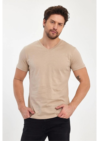 Erkek Compact Penye V Yaka T-shirt Oxford Tan