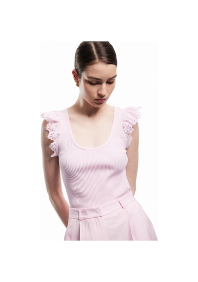 Koton Kolsuz Brodeli Fırfır Detaylı Triko Bluz Pembe 5sak30063ht Gül