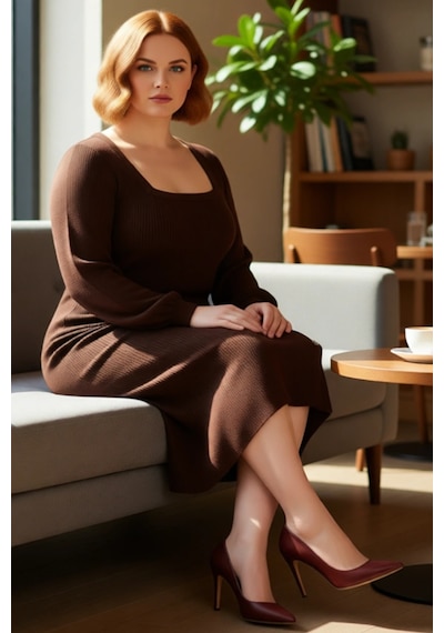 Ersefa Kadın Bodycon Kesim Triko Elbise Uzun Kollu Kare Yaka Midi Boy Fi Kahverengi