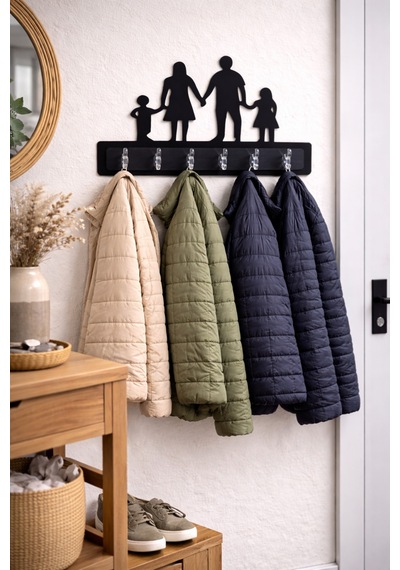 Aile Figürlü Dekoratif Duvar Askılığı 6 Kancalı Mdf Anahtarlık Ve Askı 38 X 30 Cm Siyah Siyah