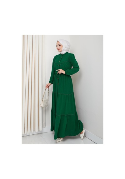 Hb Harma Time Butik Kadın Dantel Detaylı Bel Bağcıklı Yeşil Ayrobin Elbise Yeşil Yeşil
