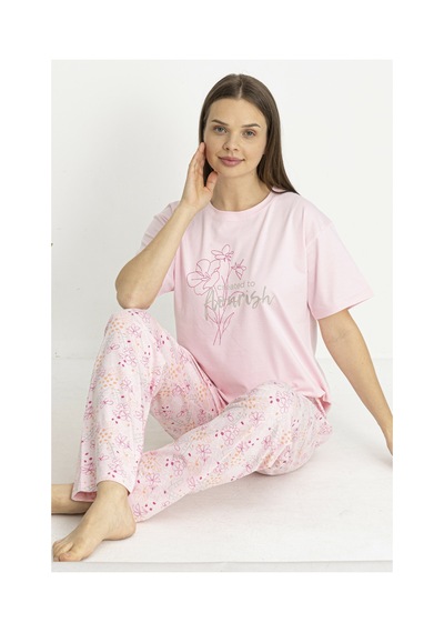 Estiva Kadın Flora Alt Desenli Pembe Penye Lycra Kısa Kollu Pijama Takımı Çok renkli