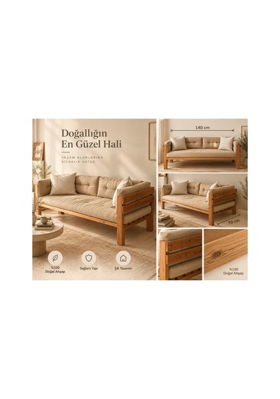 Doğal Ahşap Sedir Koltuk 140x70 Cm Masif Ahşap Yan Panelli Modern Daybed / Balkon Ve Salon Sedir Koyu Ceviz