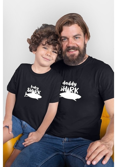 Daddy Shark Baby Shark Siyah Baba Oğul Kız Tişört Zıbın Kombini