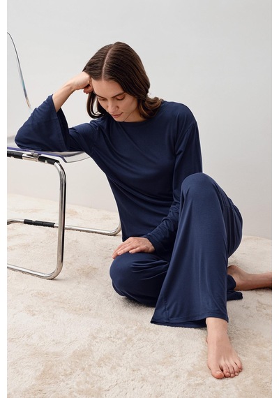 Uzun Kollu Oversize Basic Likralı Viskoz Alt Üst Takım 20210 Lacivert