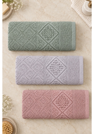 Elmas Motifli El Yüz Havlusu 50x90 Cm 3 Lü Set %100 Pamuk - Blush Garden Çok Renkli